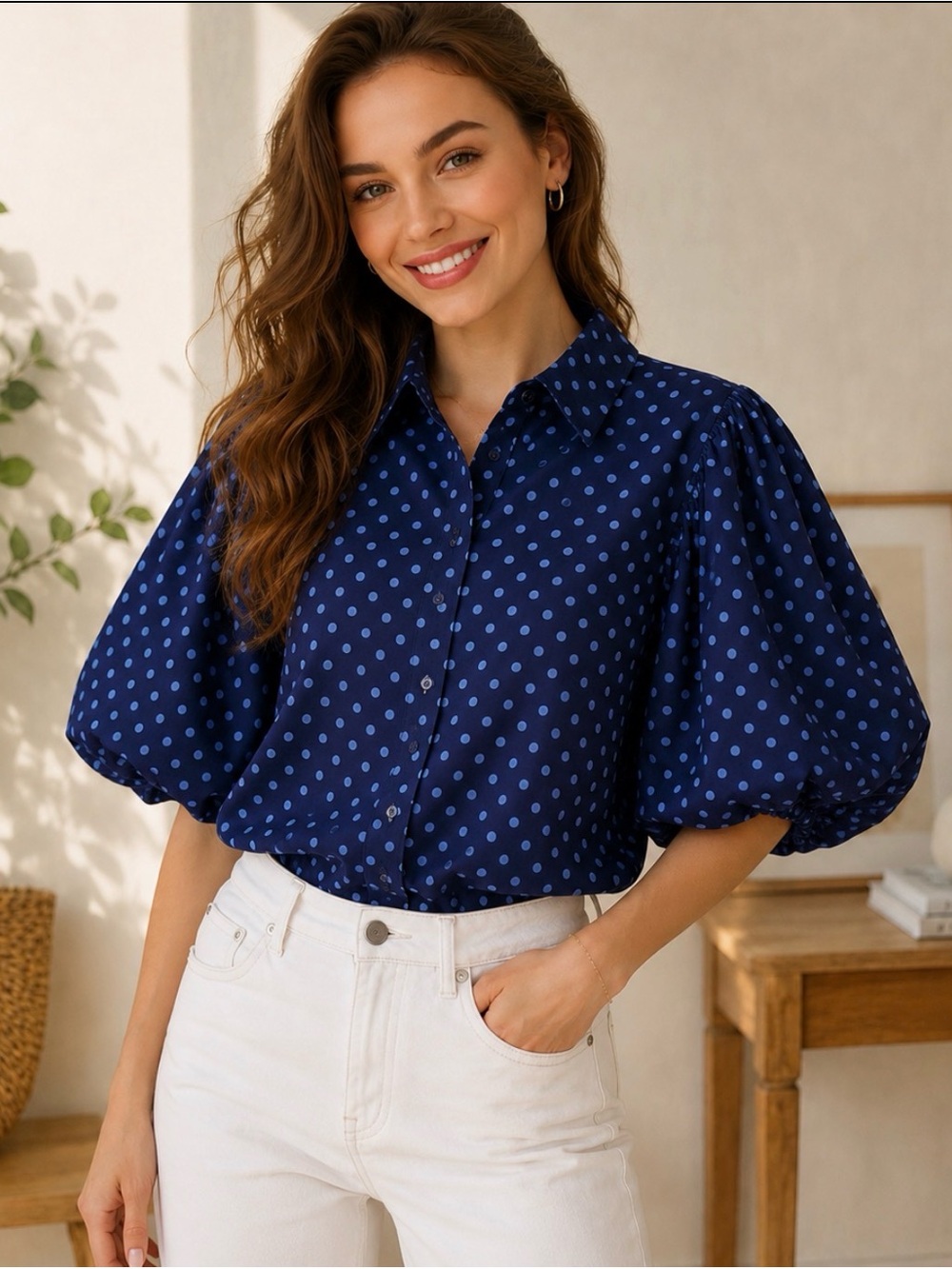 LIFE NWT Blue Polka Dot Poplin Blouse Puff Sleeves Size L